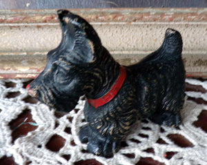 Vintage Metal Scottie Dog Figurine Paperweight Black Red Collar