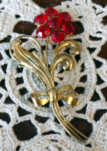 Vintage Red Rhinestone Floral Sterling Brooch