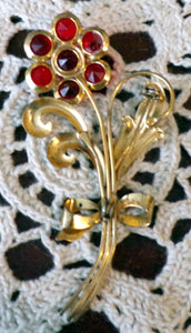 Vintage Red Rhinestone Floral Sterling Brooch