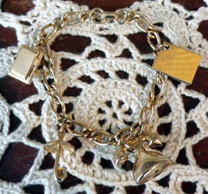 Child's Goldtone Vintage Charm Bracelet Phone Diary Book Pic Holder