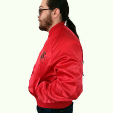 Load image into Gallery viewer, Vintage P &amp; H Truck Stop Bomber Jacket Red Satin Look M L