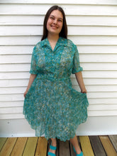 Load image into Gallery viewer, Vintage 50&#39;s 60&#39;s Pleated Shirt Dress L Pleated Rhinestone buttons Blue white