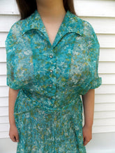 Load image into Gallery viewer, Vintage 50&#39;s 60&#39;s Pleated Shirt Dress L Pleated Rhinestone buttons Blue white