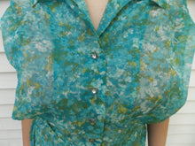Load image into Gallery viewer, Vintage 50&#39;s 60&#39;s Pleated Shirt Dress L Pleated Rhinestone buttons Blue white