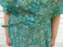 Load image into Gallery viewer, Vintage 50&#39;s 60&#39;s Pleated Shirt Dress L Pleated Rhinestone buttons Blue white
