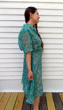 Load image into Gallery viewer, Vintage 50&#39;s 60&#39;s Pleated Shirt Dress L Pleated Rhinestone buttons Blue white