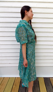 Vintage 50's 60's Pleated Shirt Dress L Pleated Rhinestone buttons Blue white