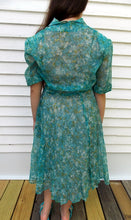 Load image into Gallery viewer, Vintage 50&#39;s 60&#39;s Pleated Shirt Dress L Pleated Rhinestone buttons Blue white
