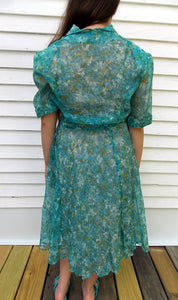 Vintage 50's 60's Pleated Shirt Dress L Pleated Rhinestone buttons Blue white
