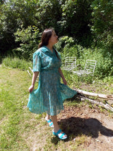 Load image into Gallery viewer, Vintage 50&#39;s 60&#39;s Pleated Shirt Dress L Pleated Rhinestone buttons Blue white