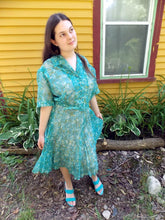 Load image into Gallery viewer, Vintage 50&#39;s 60&#39;s Pleated Shirt Dress L Pleated Rhinestone buttons Blue white