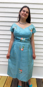 50's 60's Embroidered Roses Party Cocktail Vintage Dress 36 Bust