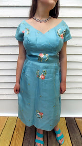 50's 60's Embroidered Roses Party Cocktail Vintage Dress 36 Bust