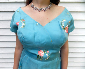 50's 60's Embroidered Roses Party Cocktail Vintage Dress 36 Bust