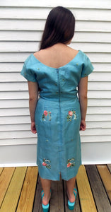 50's 60's Embroidered Roses Party Cocktail Vintage Dress 36 Bust