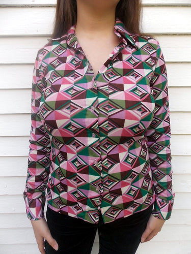 Vintage Op-Art Abstract Nylon Blouse S Nettles World 70's 80's
