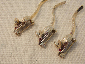 Vintage Rhinestone eyes 3 MICE Pins Moveable Tails goldtone