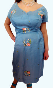 50's 60's Embroidered Roses Party Cocktail Vintage Dress 36 Bust