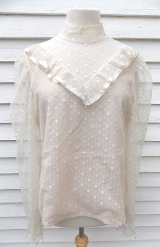 Vintage Ruffled Poet Blouse 16 White Judy Bond Polka Dots