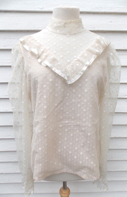 Vintage Ruffled Poet Blouse 16 White Judy Bond Polka Dots