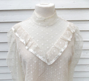Vintage Ruffled Poet Blouse 16 White Judy Bond Polka Dots