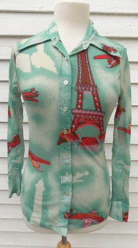 Vintage  70's Op Art Eiffel Tower Vintage Blouse XS Pre-owned