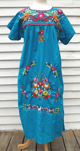 Vintage Mexican Embroidered Dress blue floral M L
