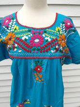 Load image into Gallery viewer, Vintage Mexican Embroidered Dress blue floral M L