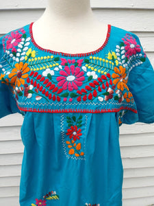Vintage Mexican Embroidered Dress blue floral M L