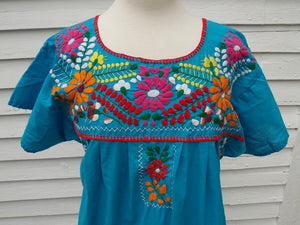 Vintage Mexican Embroidered Dress blue floral M L
