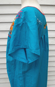 Vintage Mexican Embroidered Dress blue floral M L