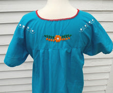 Load image into Gallery viewer, Vintage Mexican Embroidered Dress blue floral M L