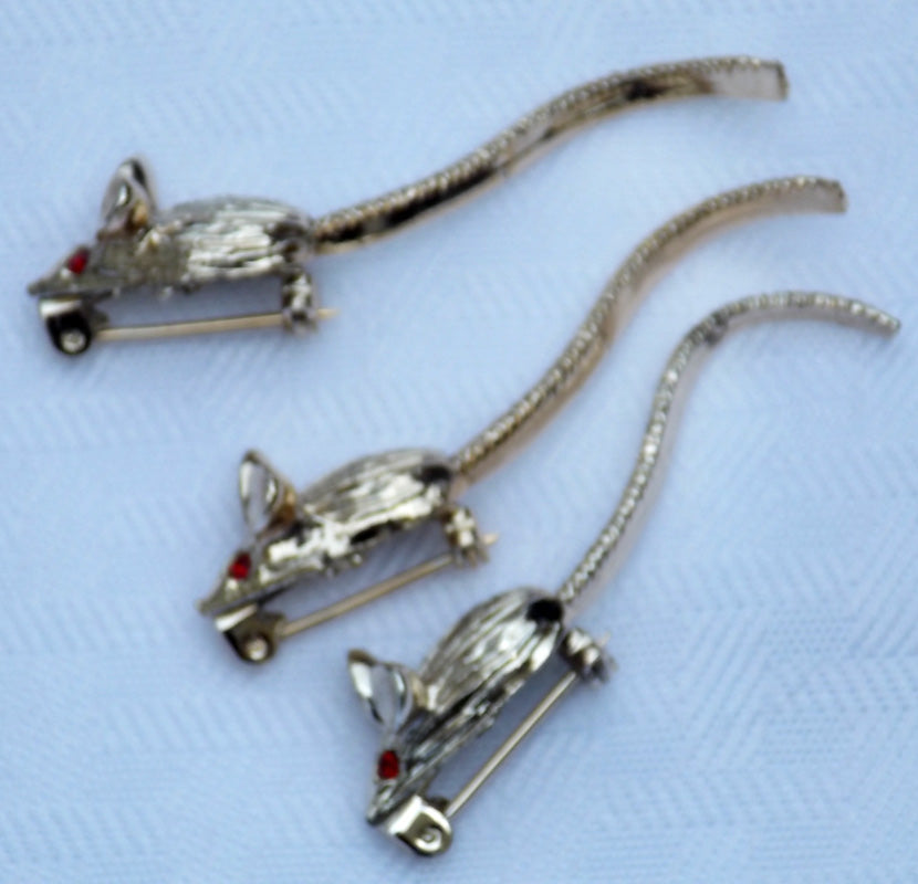 Vintage Rhinestone eyes 3 MICE Pins Moveable Tails goldtone