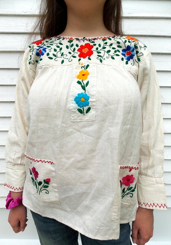 Vintage Floral Embroidered Mexican Top Hippie Boho Top 36 M