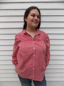 Vintage LEVI Embroidered Red Check Blouse 14 floral accents