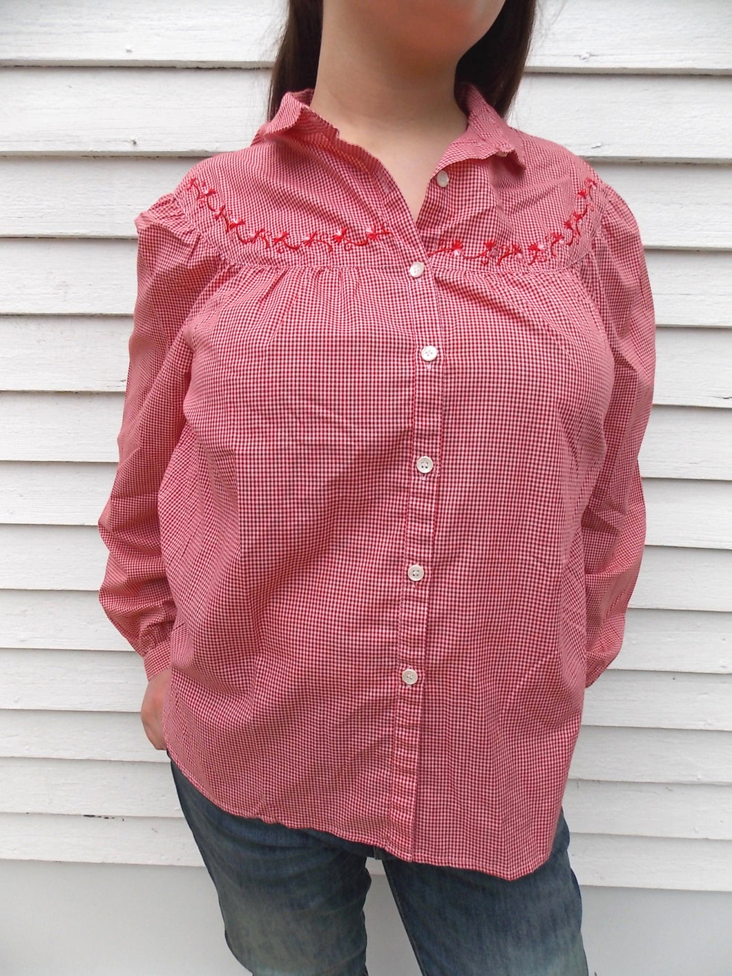 Vintage LEVI Embroidered Red Check Blouse 14 floral accents