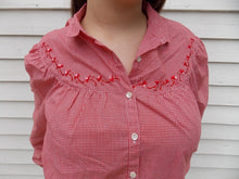 Load image into Gallery viewer, Vintage LEVI Embroidered Red Check Blouse 14 floral accents