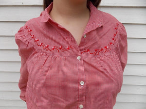 Vintage LEVI Embroidered Red Check Blouse 14 floral accents