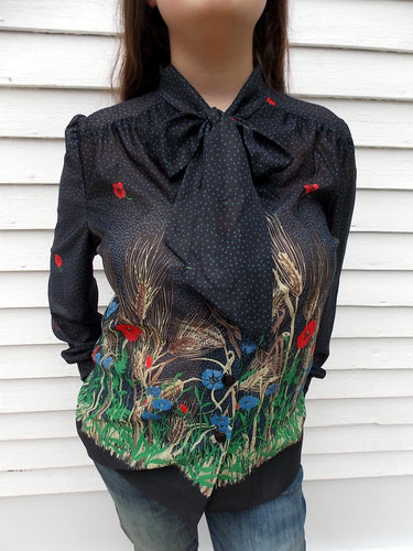 Vintage Union Made Floral Top Blouse 14 Bow tie Semi-Sheer Pussybow