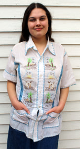 Vintage Jill Originals Embroidered Blouse Top L Palm Trees Dance