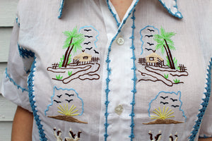 Vintage Jill Originals Embroidered Blouse Top L Palm Trees Dance