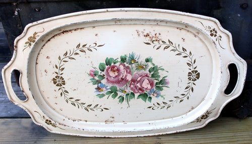 Vintage Shabby Tole Roses Creme Tray