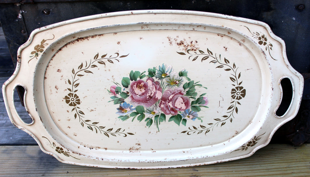 Vintage Shabby Tole Roses Creme Tray