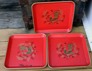 3 Vintage MAXEY Mid-Century Peacock Trays Tray Metal Cocktail Snack