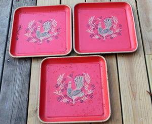 3 Vintage MAXEY Mid-Century Peacock Trays Tray Metal Cocktail Snack