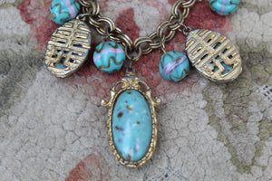 Vintage Chunky Blue Bracelet Boho Hippie Cabachon metal