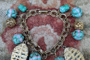 Vintage Chunky Blue Bracelet Boho Hippie Cabachon metal