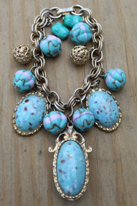 Vintage Chunky Blue Bracelet Boho Hippie Cabachon metal