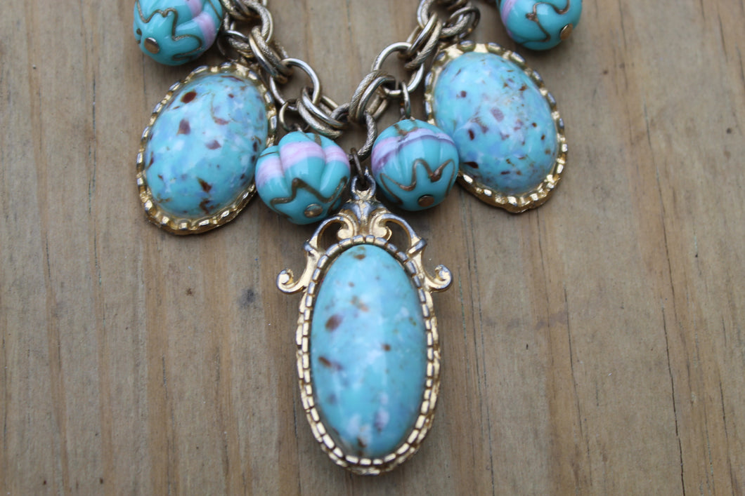 Vintage Chunky Blue Bracelet Boho Hippie Cabachon metal
