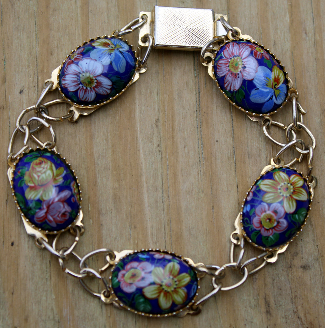 Vintage Blue Floral Enameled Panel Bracelet